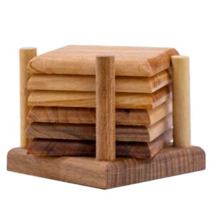 Wooden Coasters with Holder 6-Pack – Rustic Square Design for Home & Office