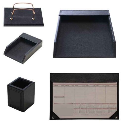 Wooden Office Desk Set with Leather Coating Pack of 5 in Black