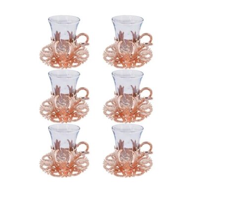Traditional Handmade Copper Tea Set with Saucers – Elegant Drinkware for Serving & Gifting