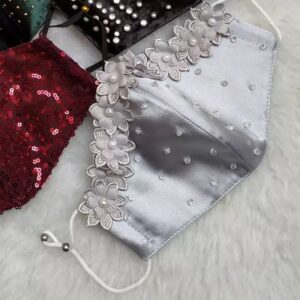 Handcrafted Mask with Floral Design and Crystal Embellishments in Gray Color