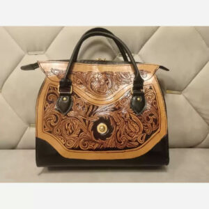 Handcrafted Natural Leather Bag – Hand Engraved, Painted, and Stitched with Intricate Carving Design