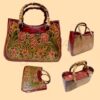 Handmade Genuine Cowhide Bag - Burgundy Floral Bamboo Handle