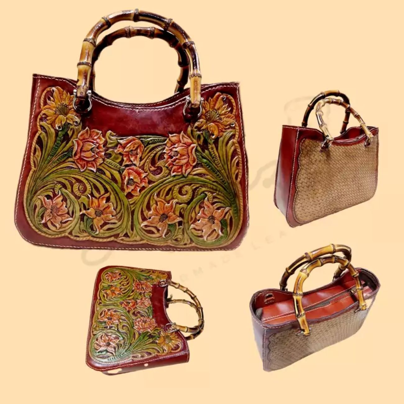 Handmade Genuine Cowhide Bag – Burgundy Floral Bamboo Handle