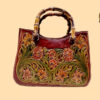 Handmade Genuine Cowhide Bag - Burgundy Floral Bamboo Handle