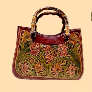 Handmade Genuine Cowhide Bag – Burgundy Floral Bamboo Handle