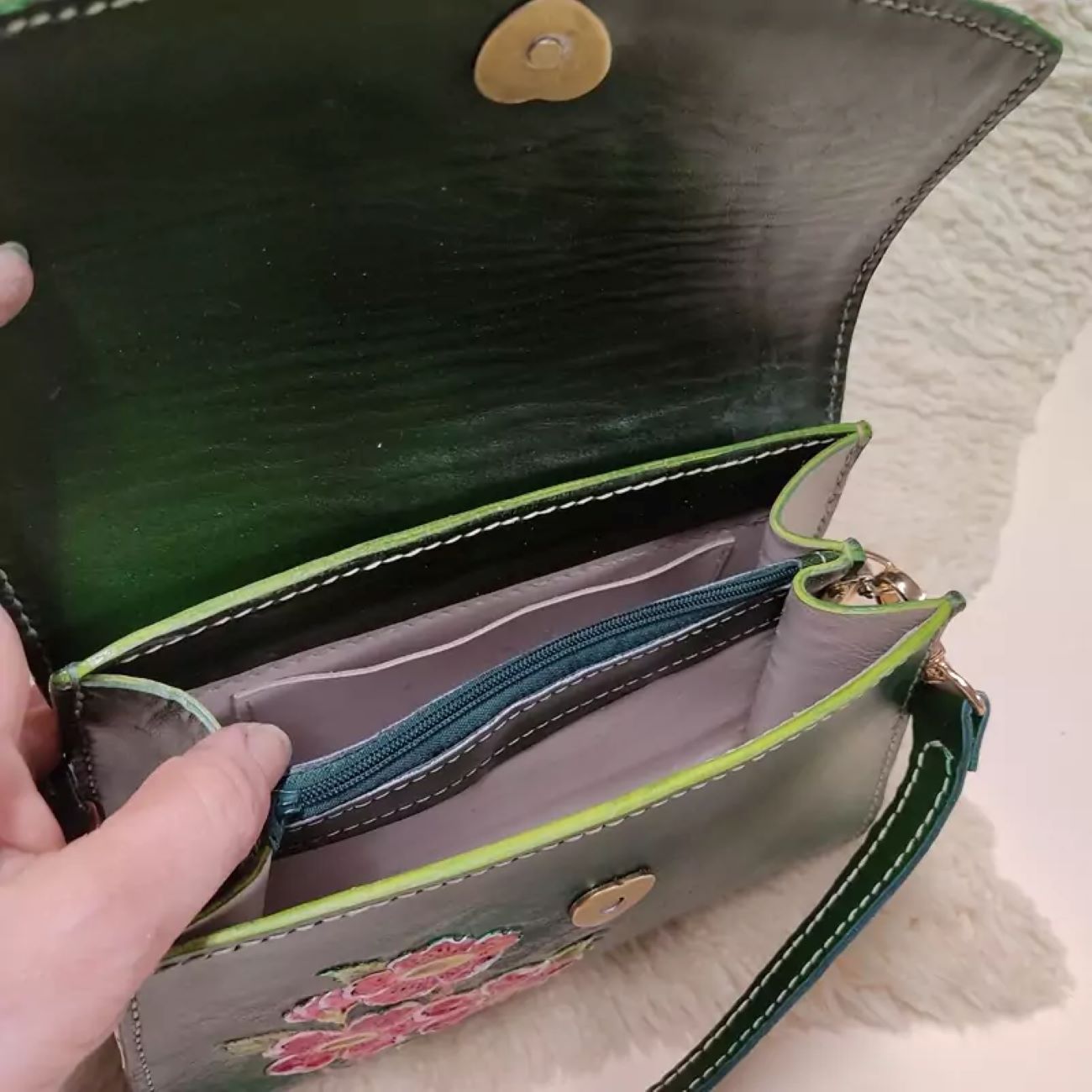 Handmade Genuine Leather Bag – Jade Green Bird & Flower