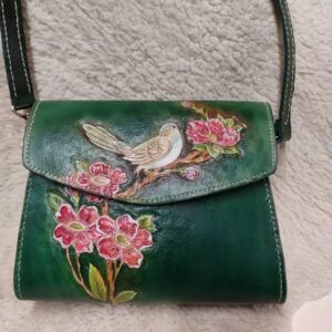 Handmade Genuine Leather Bag – Jade Green Bird & Flower