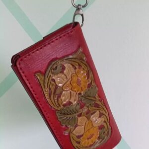Handmade Genuine Leather Wallet – Red Floral Suede Boho Style