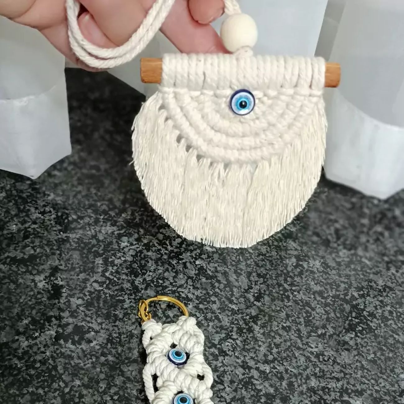 Keychain and Car Mirror Hanging Macrame Set with Evil Eye Design