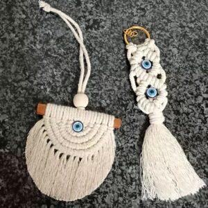 Keychain and Car Mirror Hanging Macrame Set with Evil Eye Design
