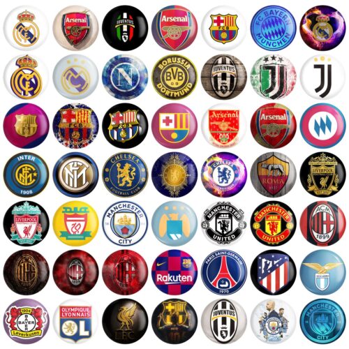 International Football Club Logo Pinback Buttons with Matte Finish, Set of 49