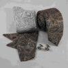 Men's Tie Set with Pocket Square, Cufflinks, and Socks with Paisley Design in Gray
