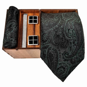 Men’s Tie Set with Pocket Square, Cufflinks, and Tie Clip with Paisley Design in Dark Green