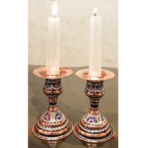 Handcrafted Copper Candlestick Holder, Short Base, Minakari Enamel Technique, Figurative Design