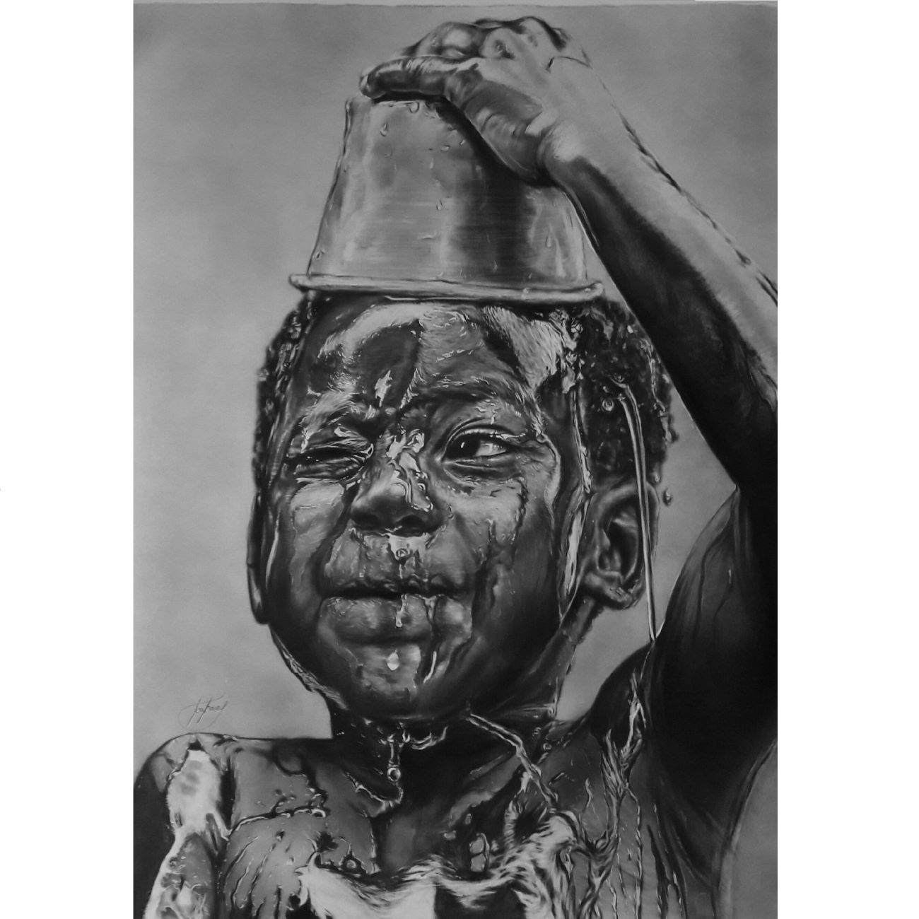 Original Black Pen Drawing with The Portrait of Playful Kid