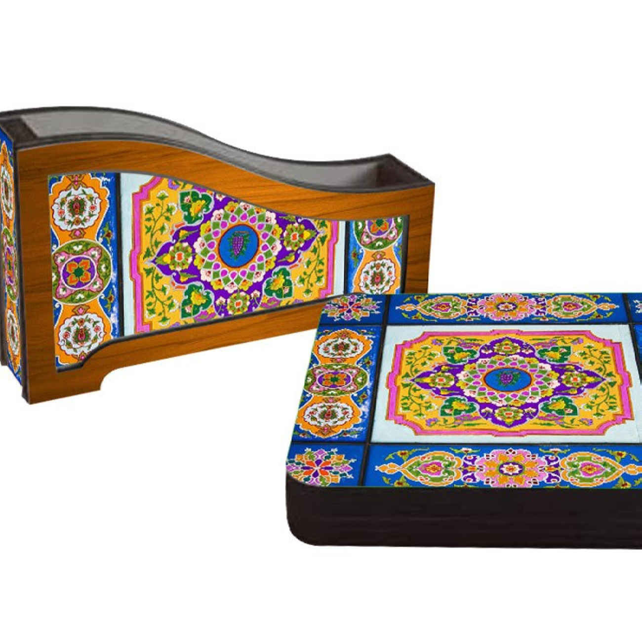 Iranian Heritage Floral Wooden Coasters 6-Pack – Square Design with Cultural Charm