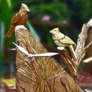 Wooden Desk Clock with Handcrafted Bird Sculpture – Unique & Stylish Design