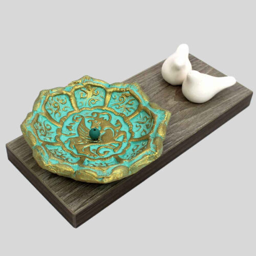 Wooden Incense Holder Rectangular Artistic Geometric Tile and Bird Design