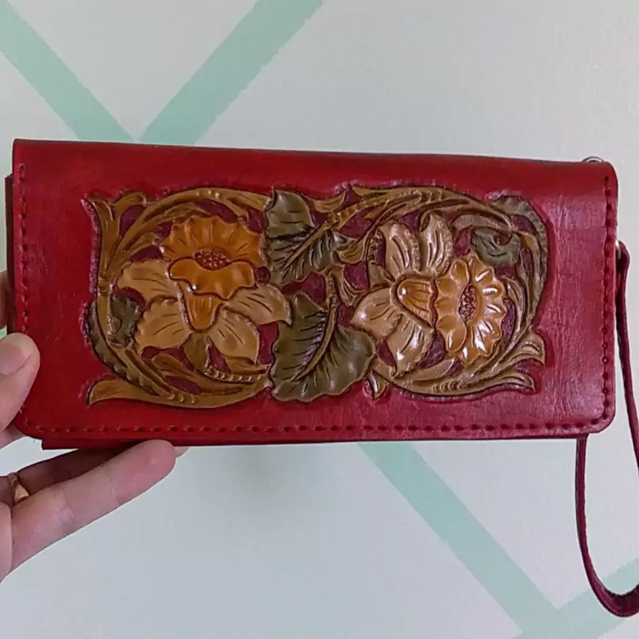 Handmade Genuine Leather Wallet – Red Floral Suede Boho Style