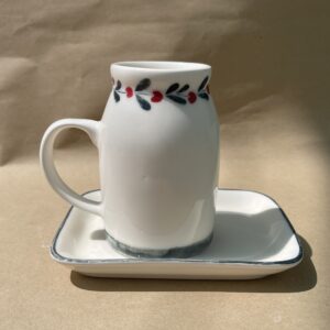 Ceramic Mug and Saucer Set, Hand-Painted Blossom & Leaf Border Pattern