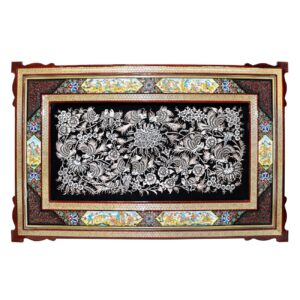 Engraved Panel Brass with Bird and Flower Design in Khatamkari Frame