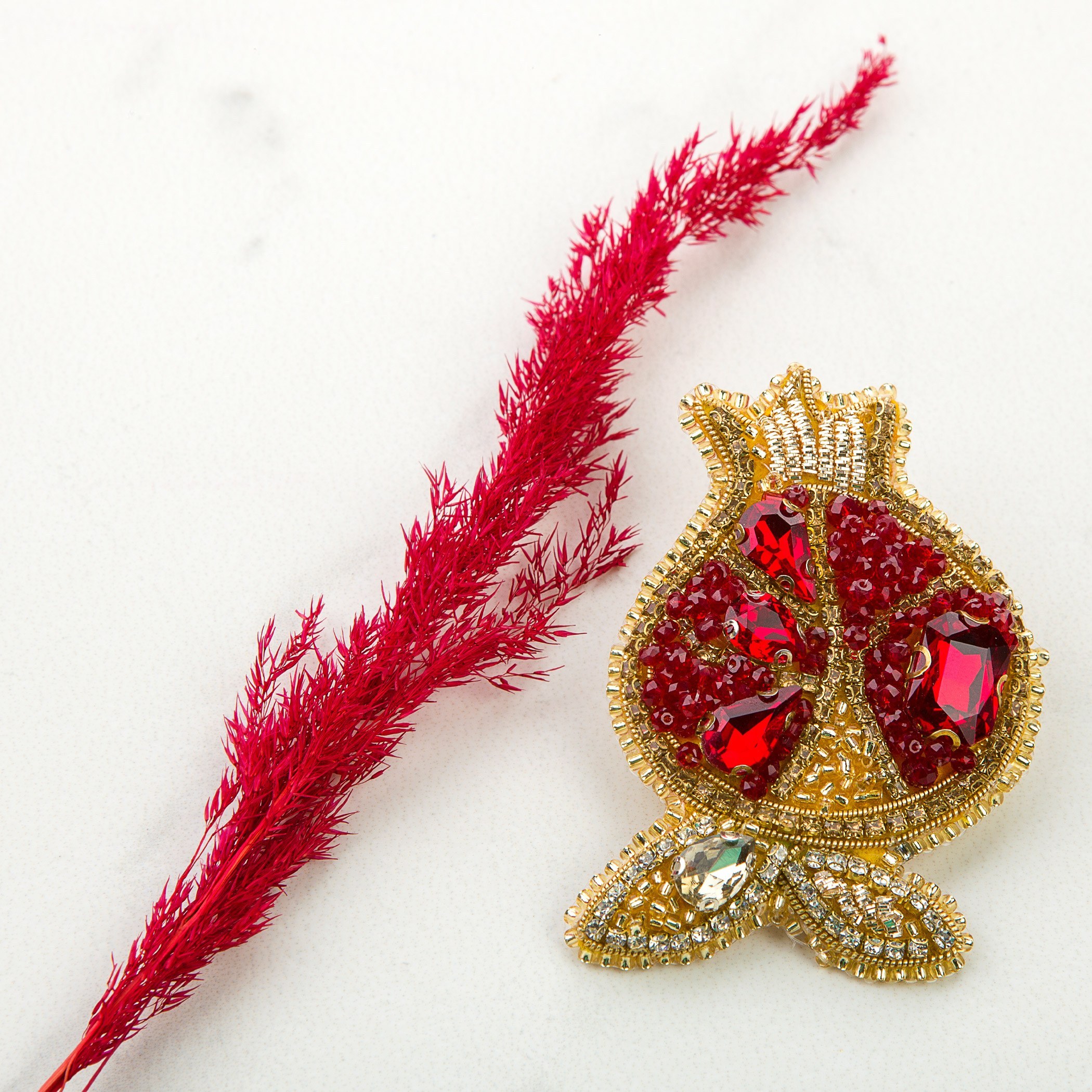 Handcrafted Pomegranate Brooch Pin with Leather & Pearl