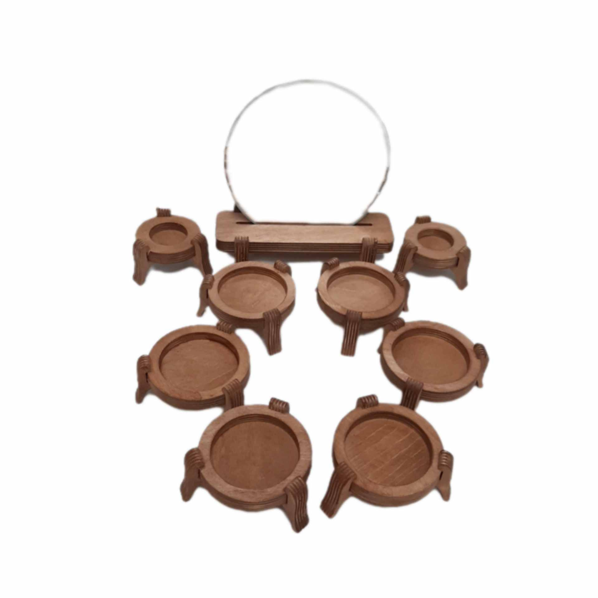 Handcrafted Wooden Haft Seen Set Featuring Intricate Round Pedestal Design for a Sophisticated Nowruz Celebration Set of 9