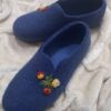 Handmade Wool Felt Slippers - Navy Blue Floral Embroidery