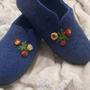 Handmade Wool Felt Slippers – Navy Blue Floral Embroidery