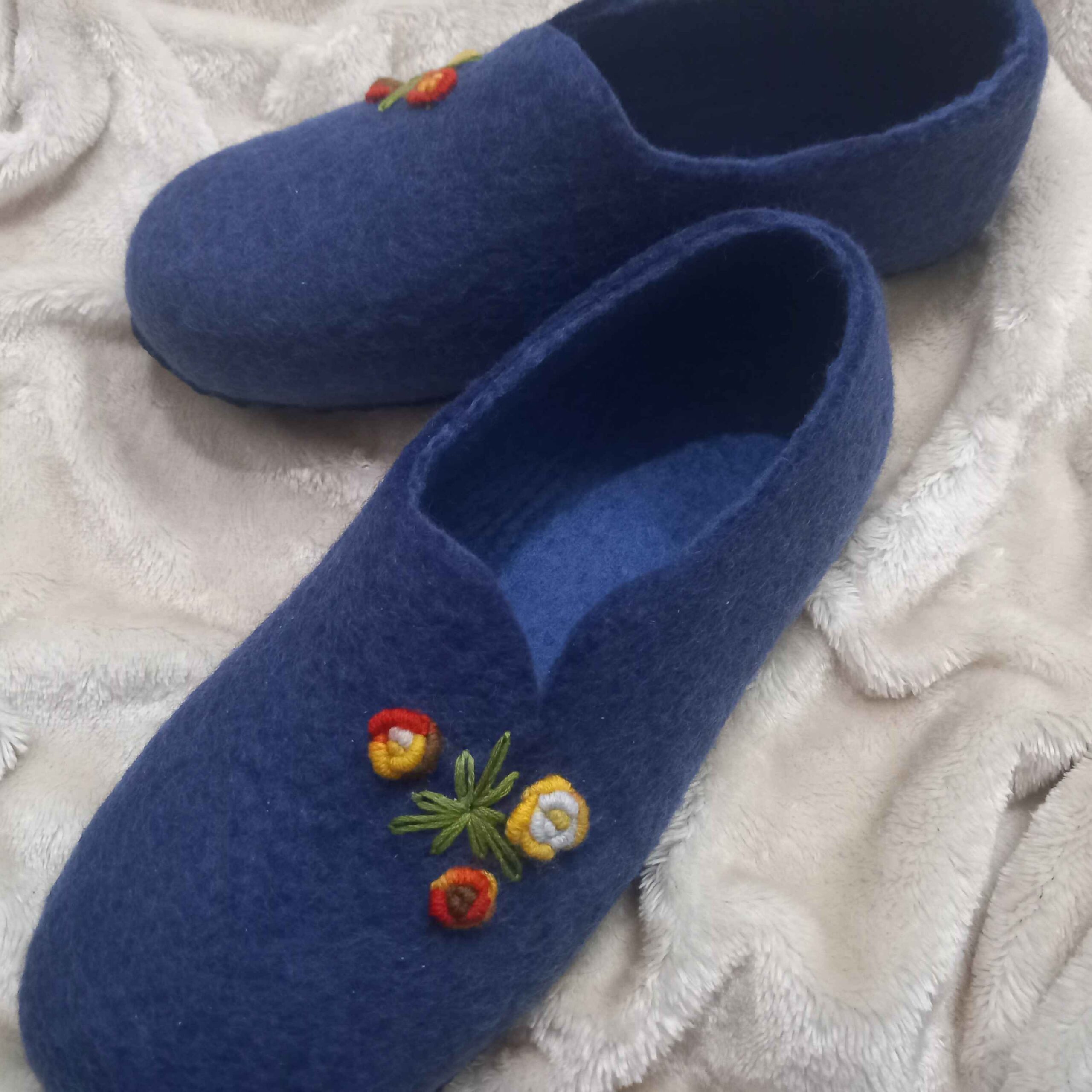 Handmade Wool Felt Slippers – Navy Blue Floral Embroidery