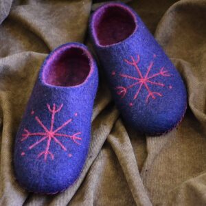 Handmade Purple Wool Felt Slippers – Snowflake Winter Design