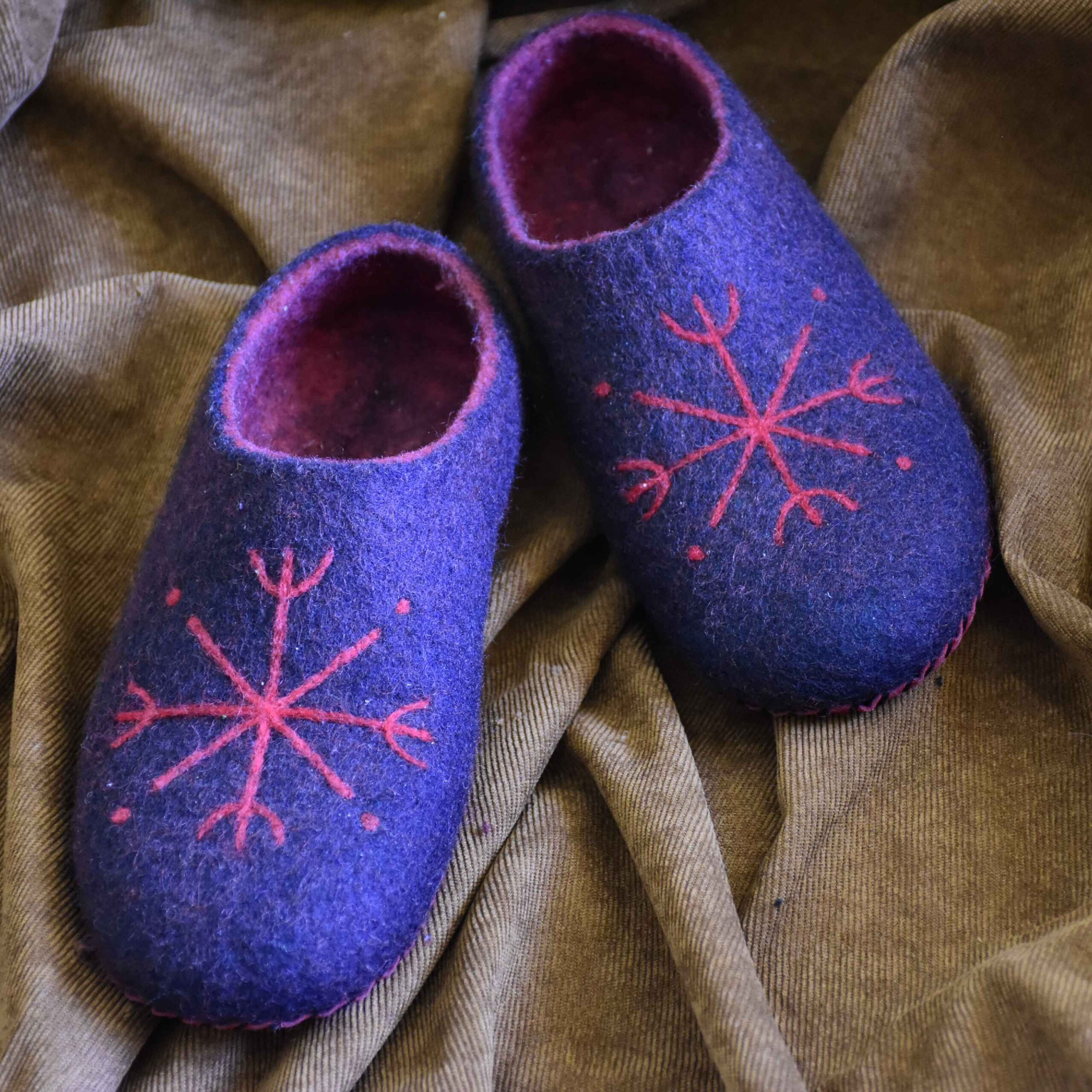 Handmade Purple Wool Felt Slippers – Snowflake Winter Design