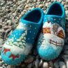 Handmade Teal Wool Felt Slippers - Snowy Winter Pattern