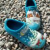 Handmade Teal Wool Felt Slippers - Snowy Winter Pattern