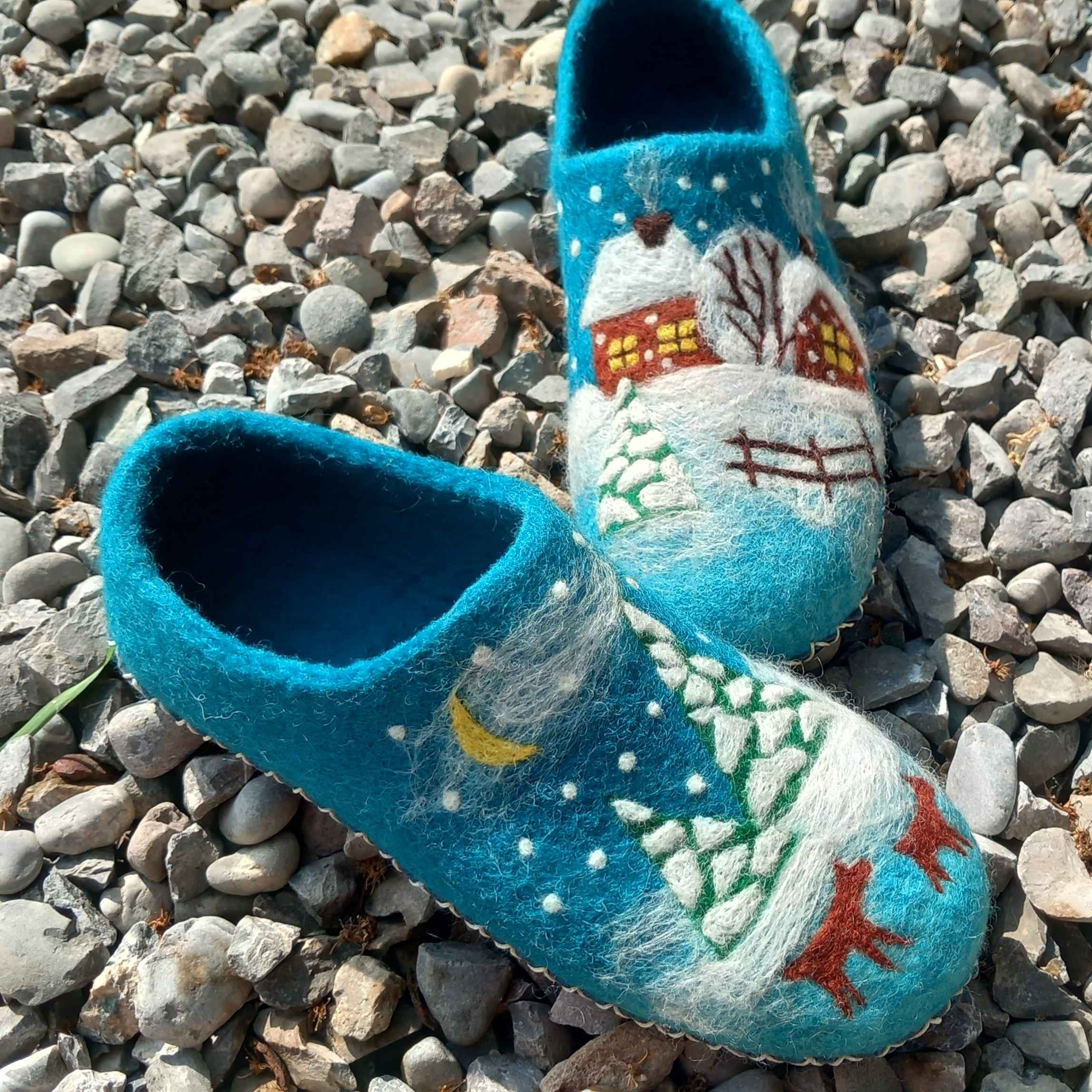 Handmade Teal Wool Felt Slippers – Snowy Winter Pattern
