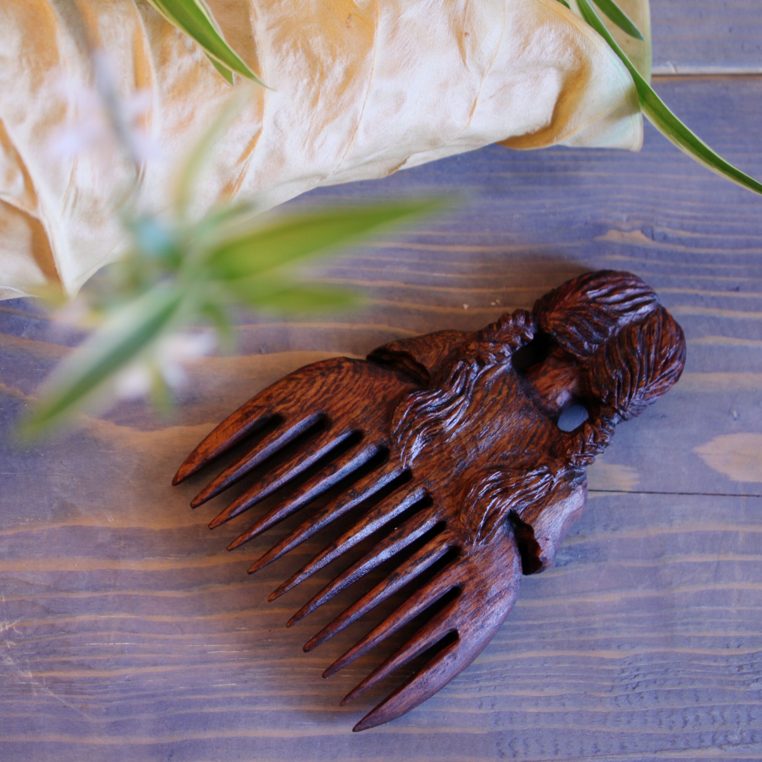 Hand-Carved Wooden Hair Comb – Braided Girl Rustic Design