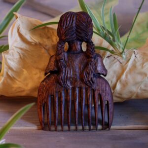 Hand-Carved Wooden Hair Comb – Braided Girl Rustic Design