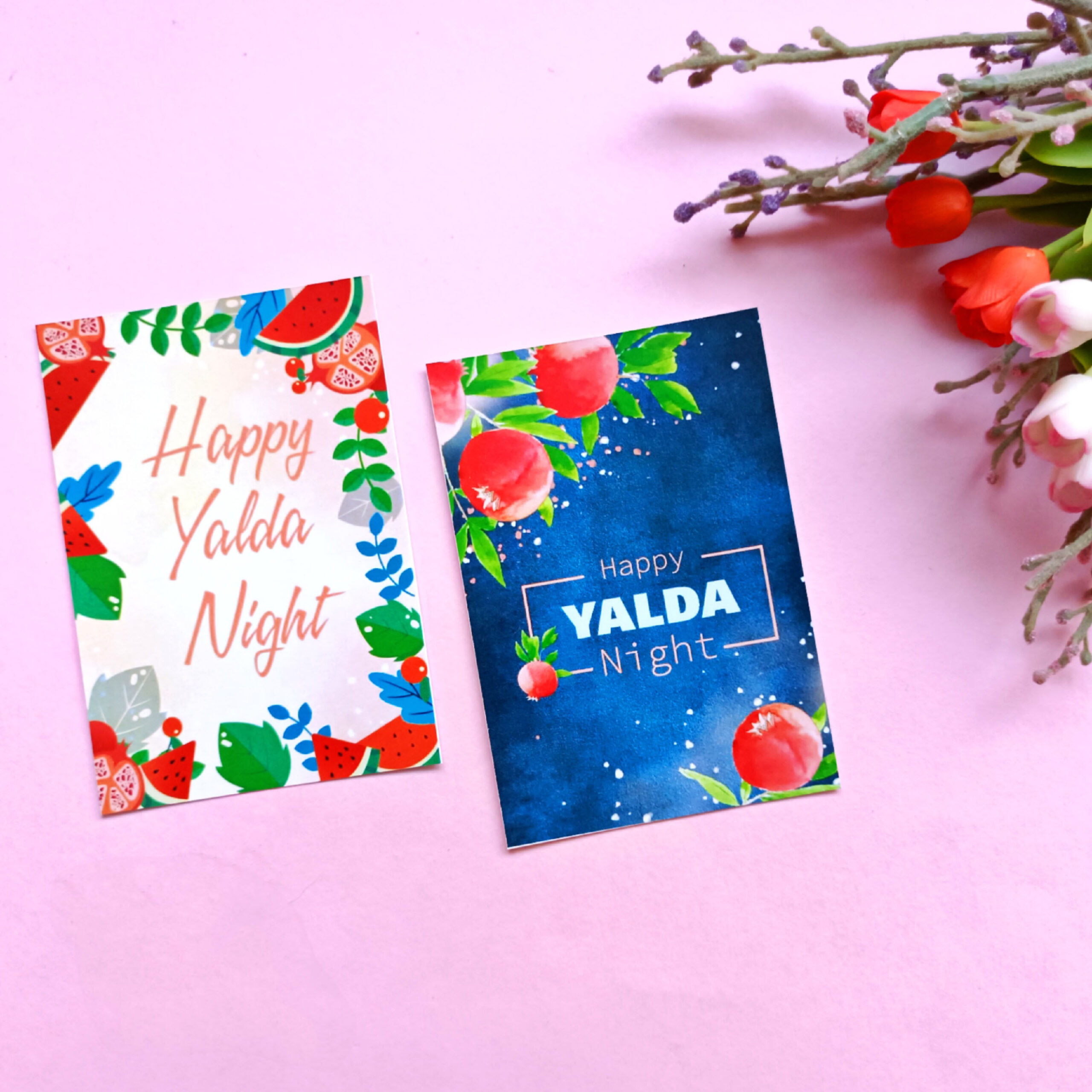 “Happy Yalda Night” Card with Festive Pomegranate and Watermelon Illustration (x9)