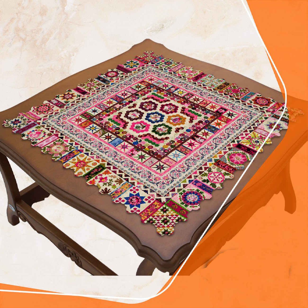 Ornate Persian Velvet Tablecloth with Intricate Geometric Motif