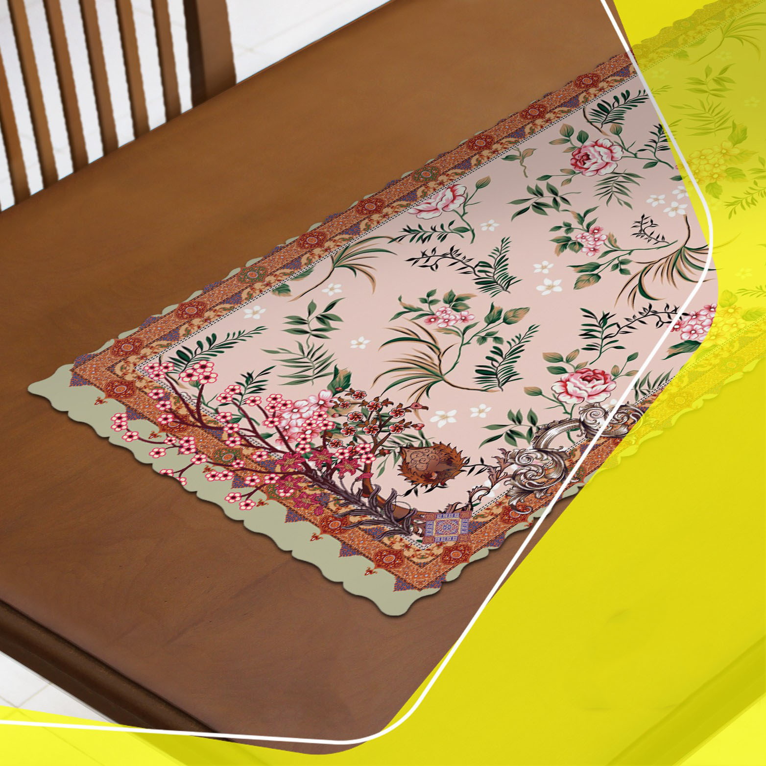 Persian Inspired Light Pink Velvet Table Runner – with Blossom Design