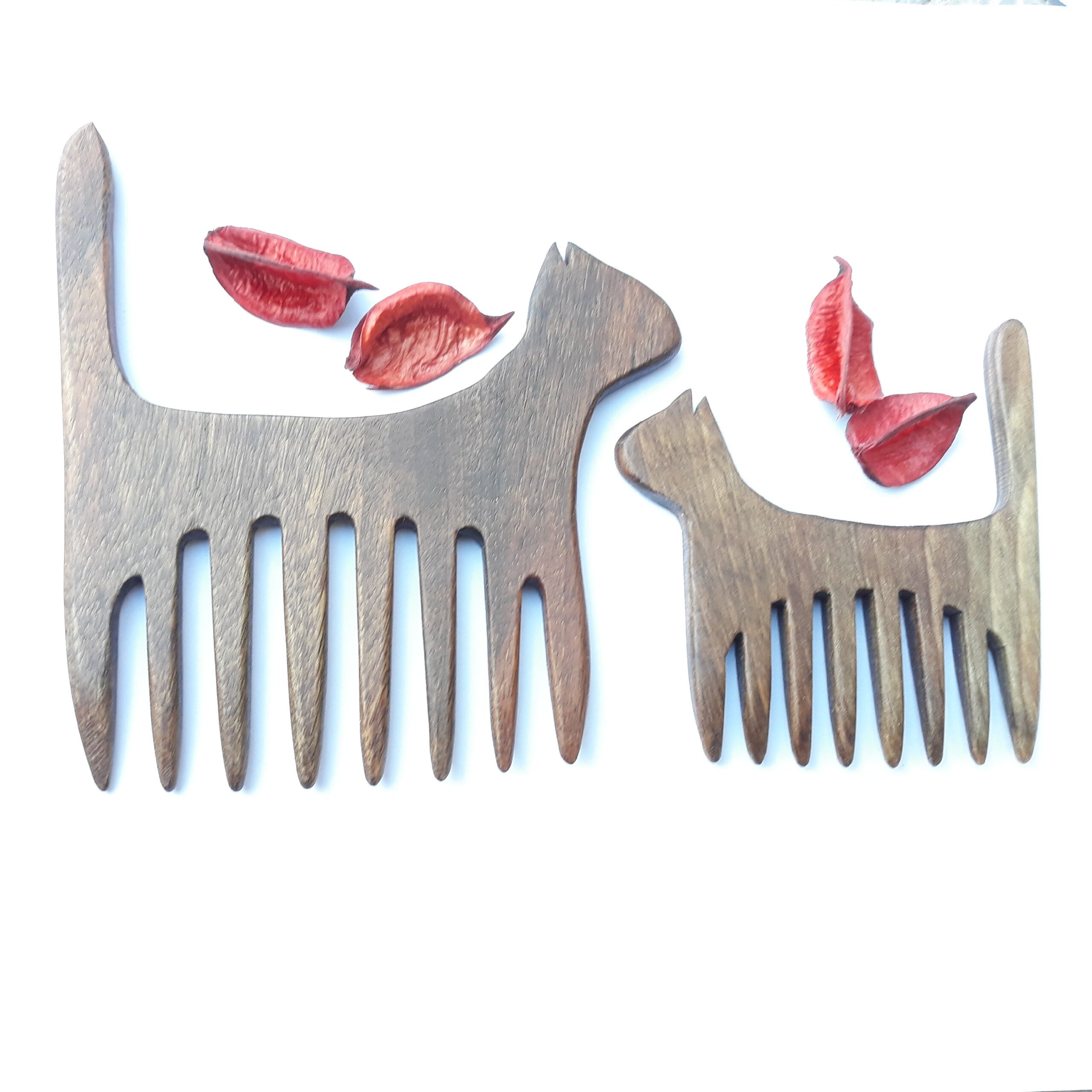 Rustic Hand-Carved Wooden Comb with Cat Design