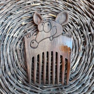 Rustic Hand-Carved Wooden Comb with Mouse Design
