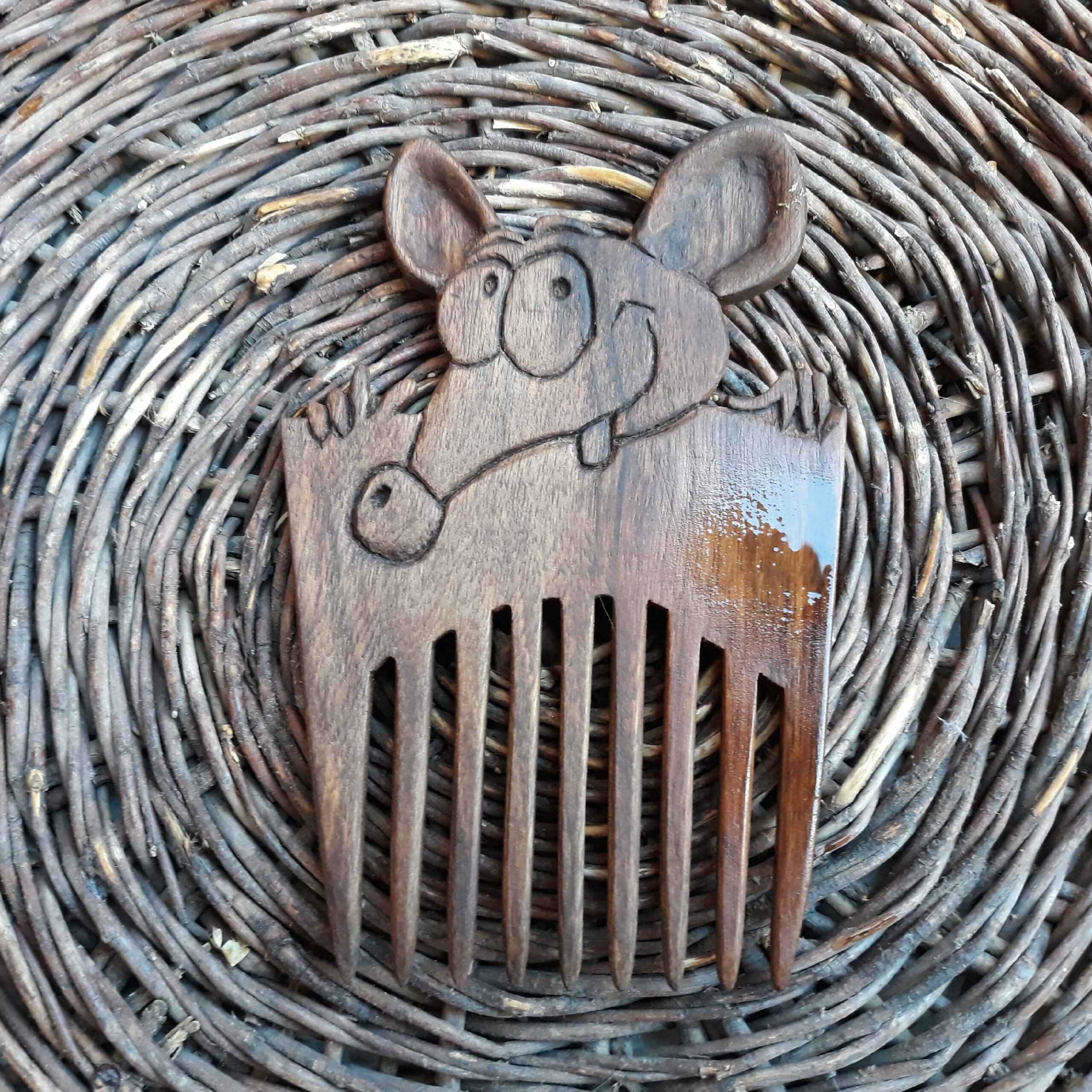 Rustic Hand-Carved Wooden Comb with Mouse Design