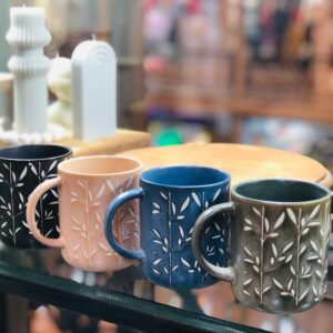 Textured Ceramic Mug Set with Embossed Leaf Pattern