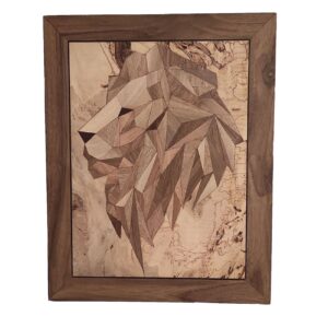 Wooden Marquetry Wall Art – Wood Inlay Panel with Lion Design