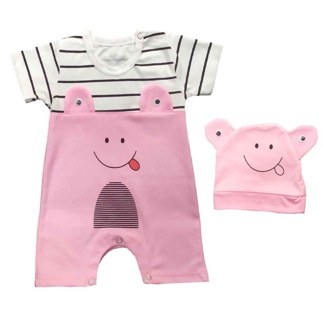 Baby Short Sleeve Jumpsuit and Hat Set with Striped Pattern