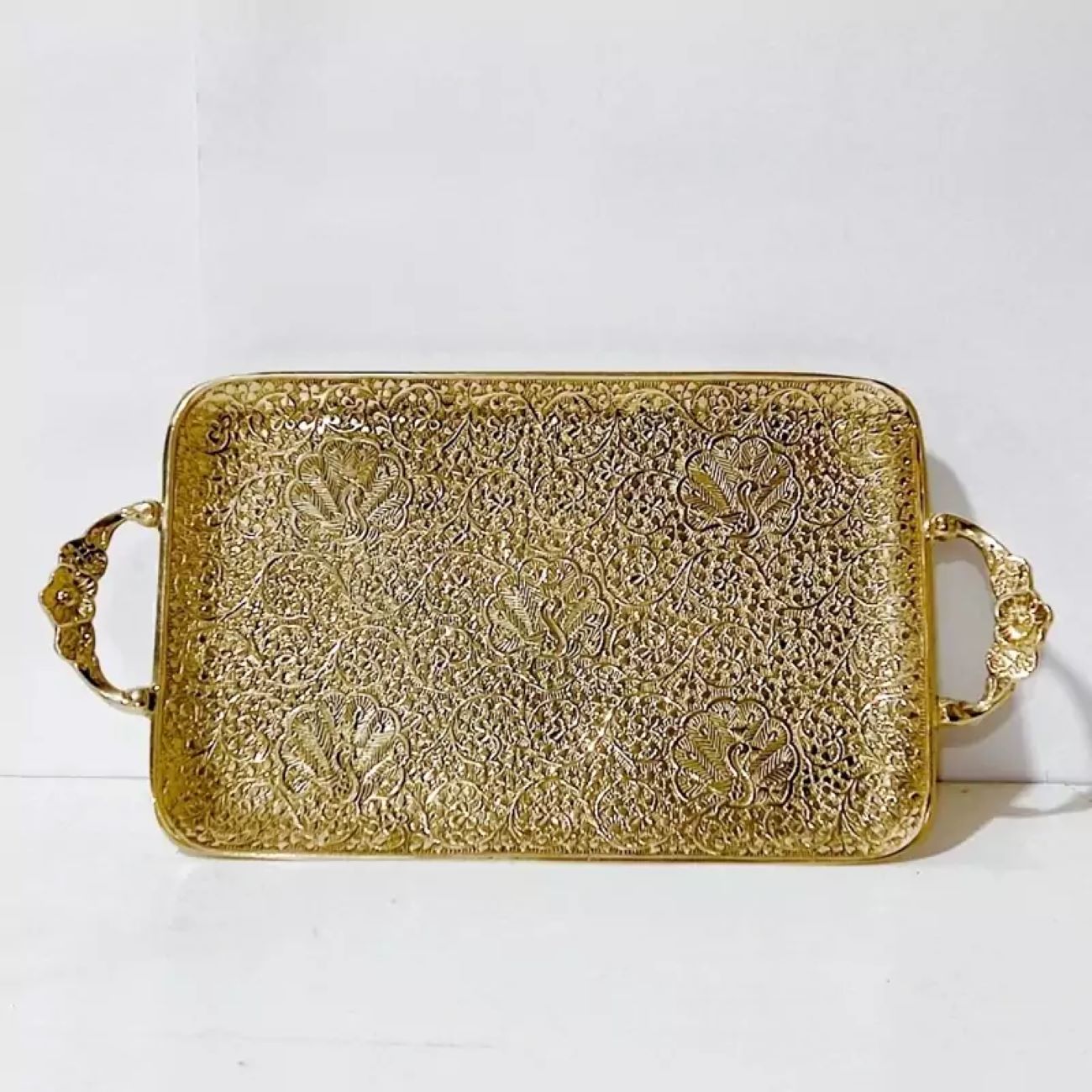 Rectangular Brass Serving Tray – Traditional Detailed Geometric Gold Tray