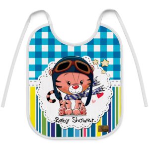 Baby Bib Cartoon Tiger Pilot with Gingham and Stripe Pattern