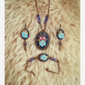 Handmade Embroidered Jewelry Set – Dark Blue Floral Art