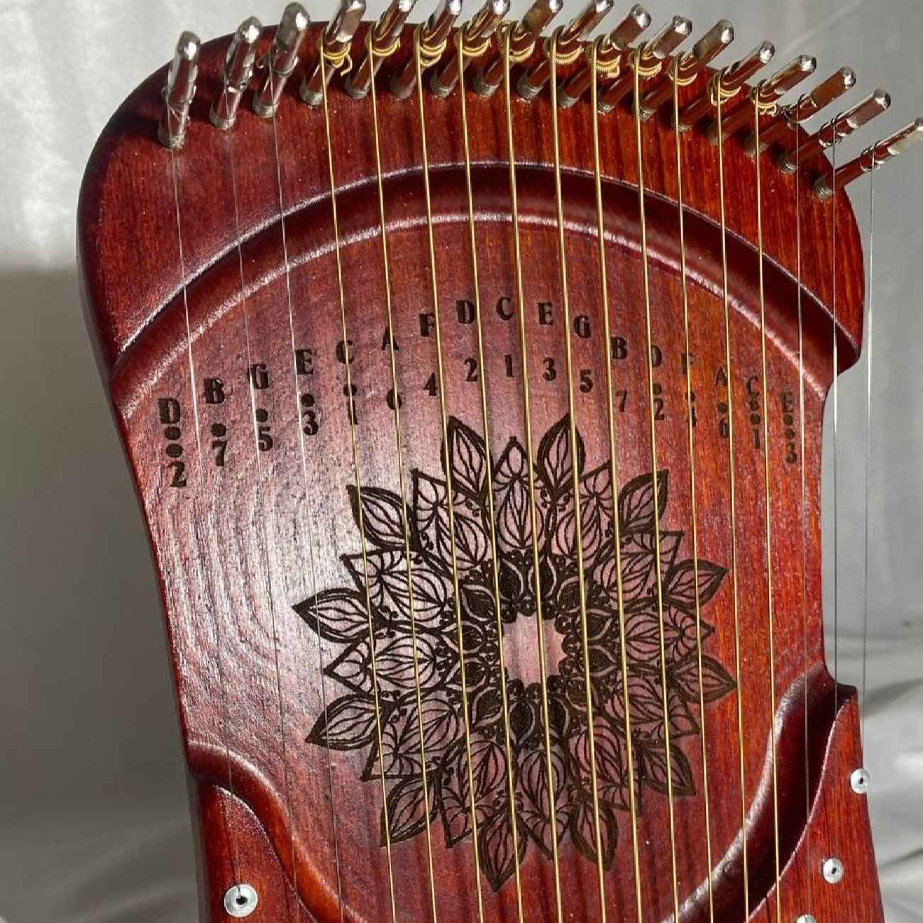 Harika 16-String Mahogany Lyre Harp – Mandala Engraved